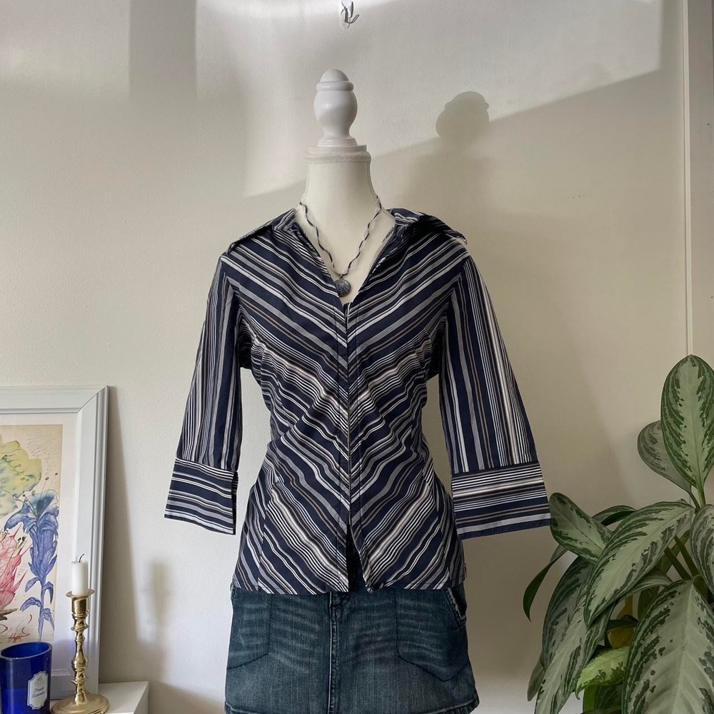 y2k chevron hook and eye blouse womens sz M/L blue/black preppy indie